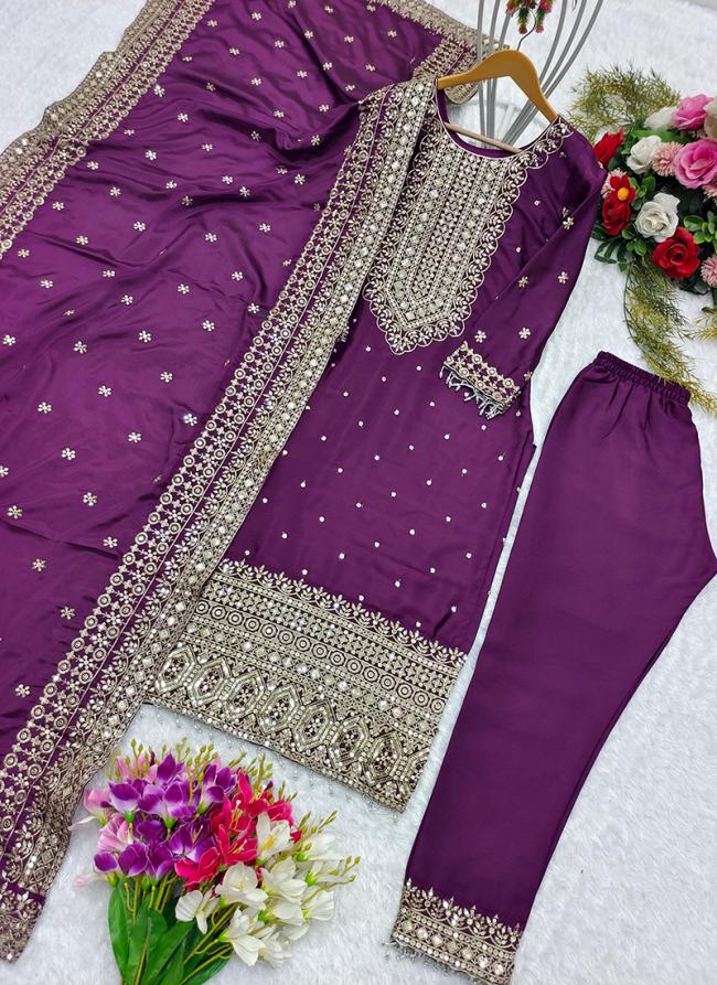 Pure Chinnon Silk Purple Wedding Wear Embroidery Work Readymade Straight Suit